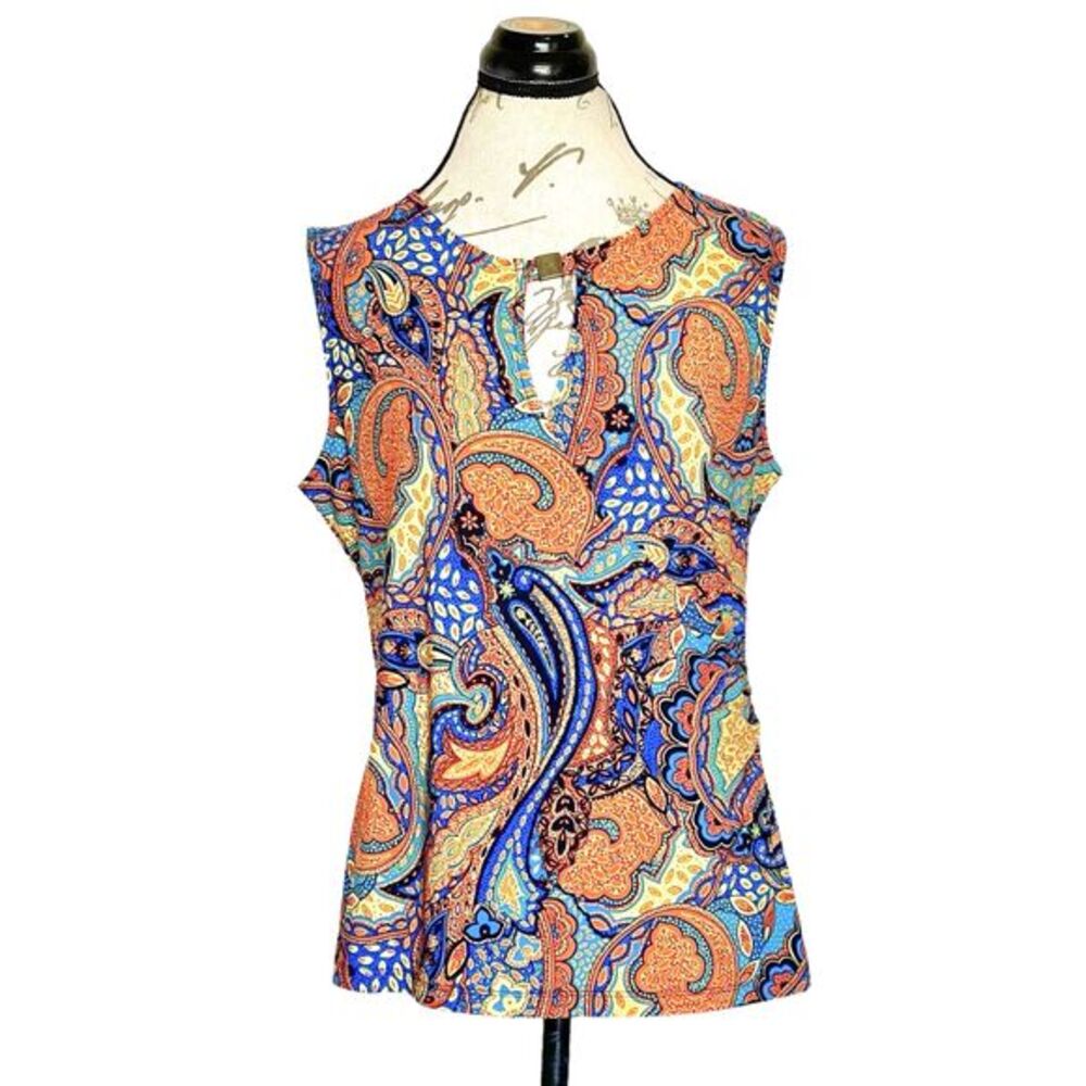 Jones New York Womens Blouse Top Sz Large Retro Paisley Keyhole Faux Wrap Office